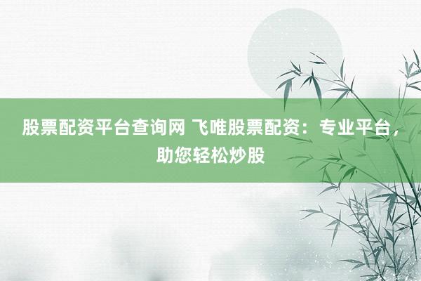 股票配资平台查询网 飞唯股票配资：专业平台，助您轻松炒股